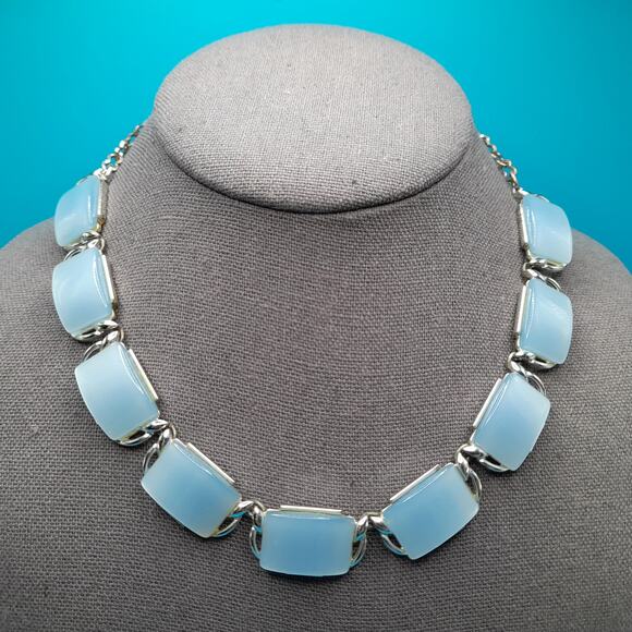Vintage Moonglow Light Blue Necklace, Silver Tone, 1950s Vintage Jewelry - Picture 2 of 12